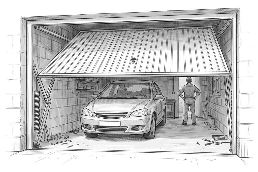 Illustrazione a matita di una porta basculante ferma a metà, con l’auto sotto, la molla laterale in vista e una persona ferma a distanza di sicurezza