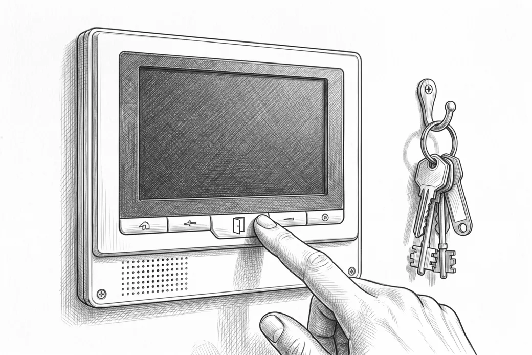 Illustrazione a matita di un monitor videocitofonico a parete con un dito che preme il tasto apriporta