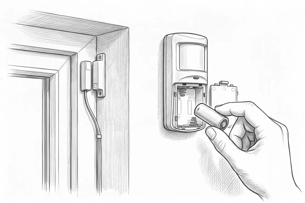 Illustrazione a matita di un contatto magnetico cablato su una finestra e di un sensore via radio con lo sportellino della batteria aperto