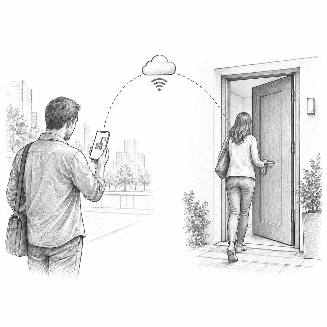 Illustrazione di un comando da smartphone a distanza e di un familiare che entra dalla porta di casa