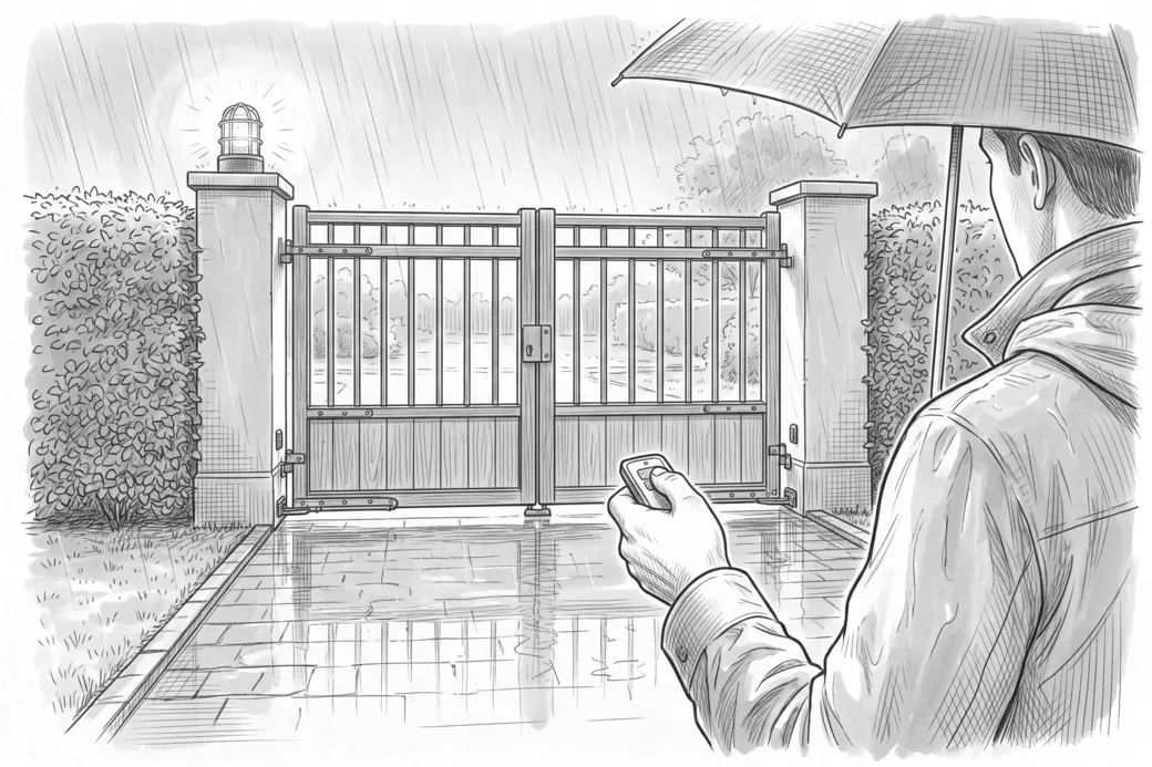 Illustrazione a matita di una mano che punta un telecomando verso un cancello chiuso sotto la pioggia