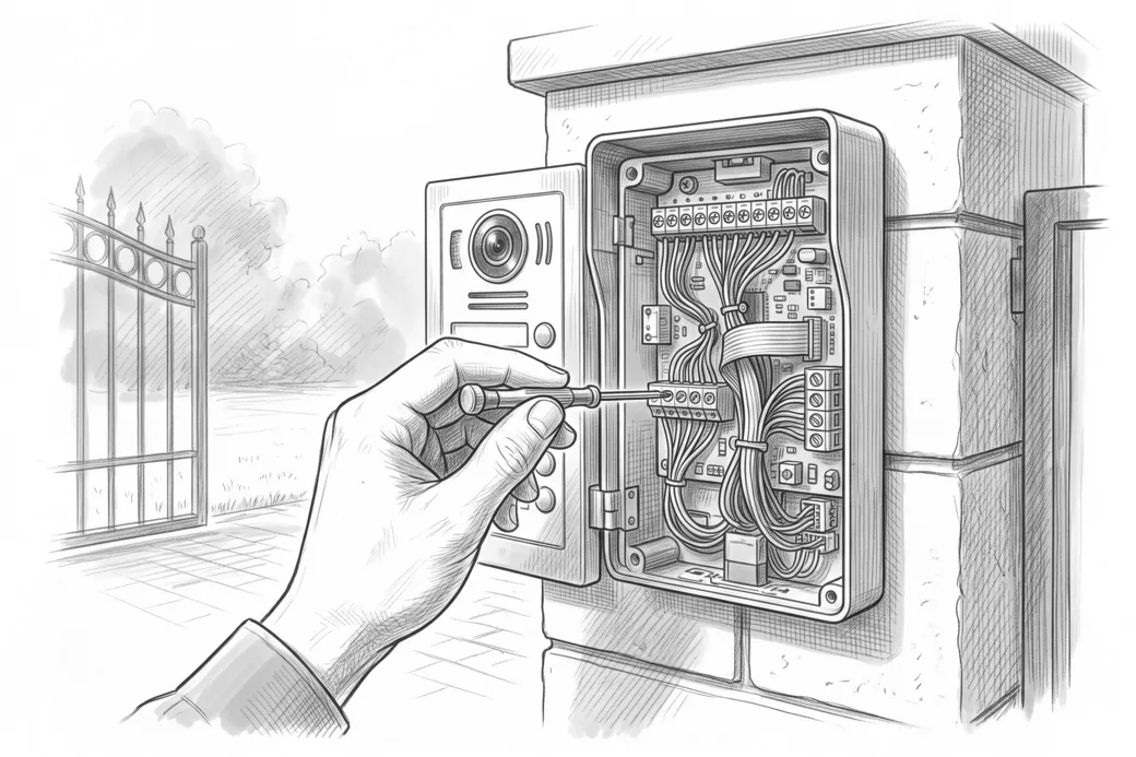 Illustrazione a matita di una pulsantiera videocitofonica aperta su un pilastro, con la mano del tecnico e i fili in vista
